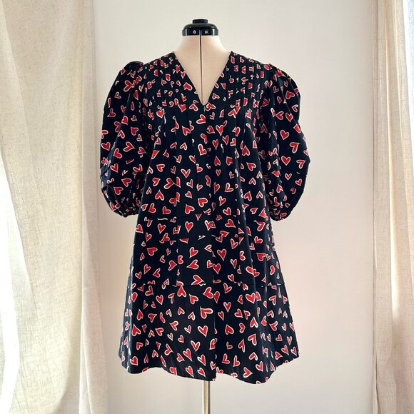 Hunter Bell Womens Jenkins Heart Print Dress Size Small Puff Sleeve Valentines - Picture 2 of 11